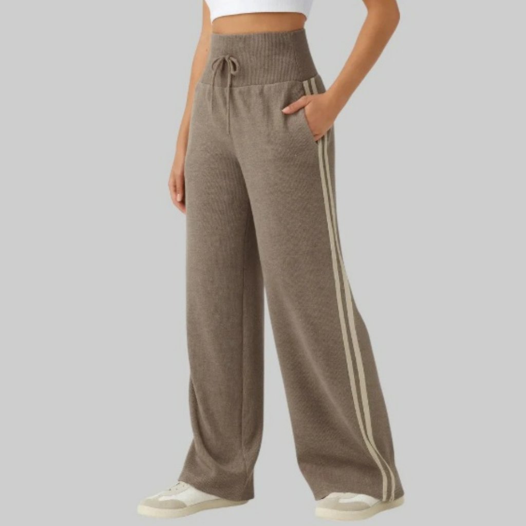 Halara Wide Leg Knit Track Pants In Taupe With Cream Stripes